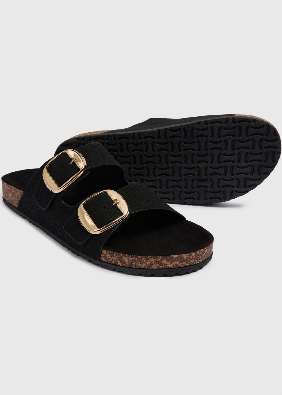 Black Double Buckle Footbed Sandals
