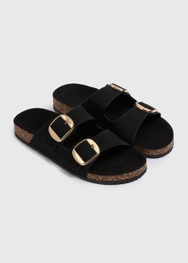 Black Double Buckle Footbed Sandals