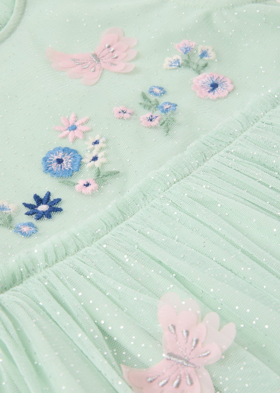 Girls Green Butterfly Embroidered Mesh Dress (1-7yrs)