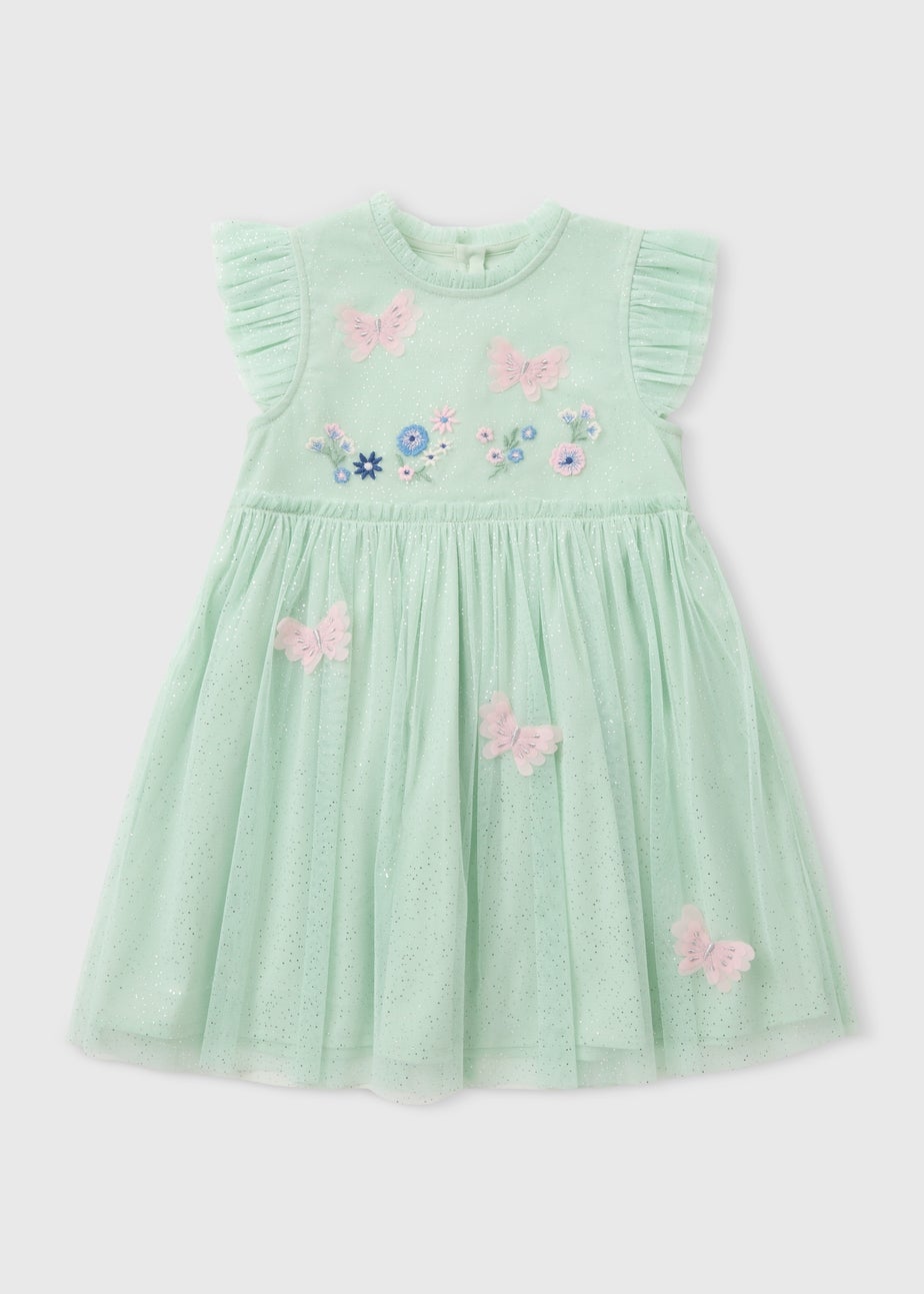 Girls Green Butterfly Embroidered Mesh Dress (1-7yrs)