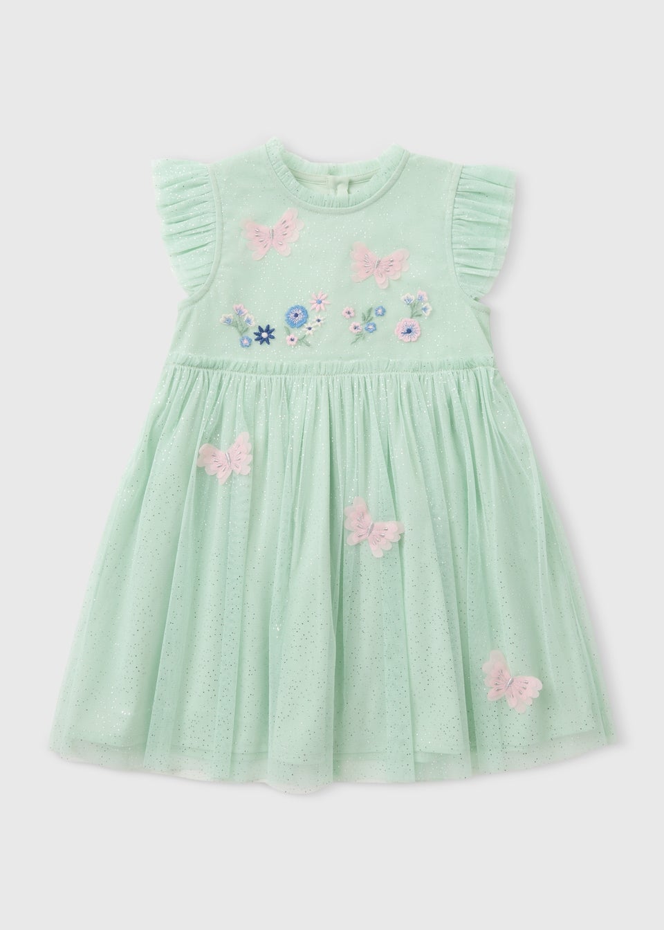 Girls Green Butterfly Embroidered Mesh Dress (1-7yrs)