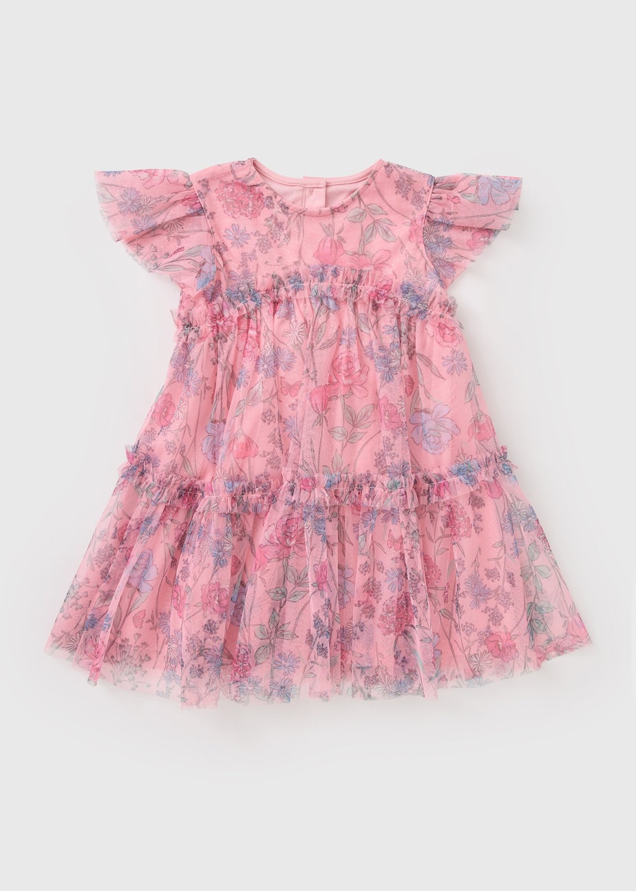 Girls Pink Floral Print Mesh Dress (1-7yrs)