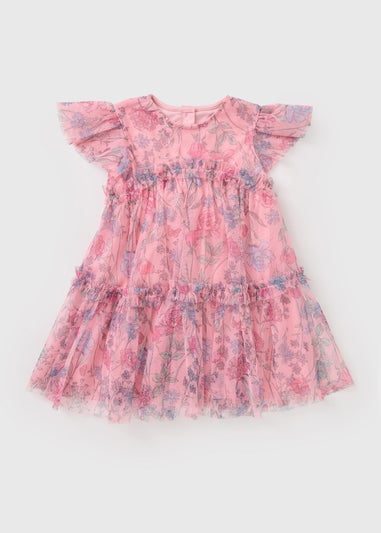 Girls Pink Floral Print Mesh Dress (1-7yrs)