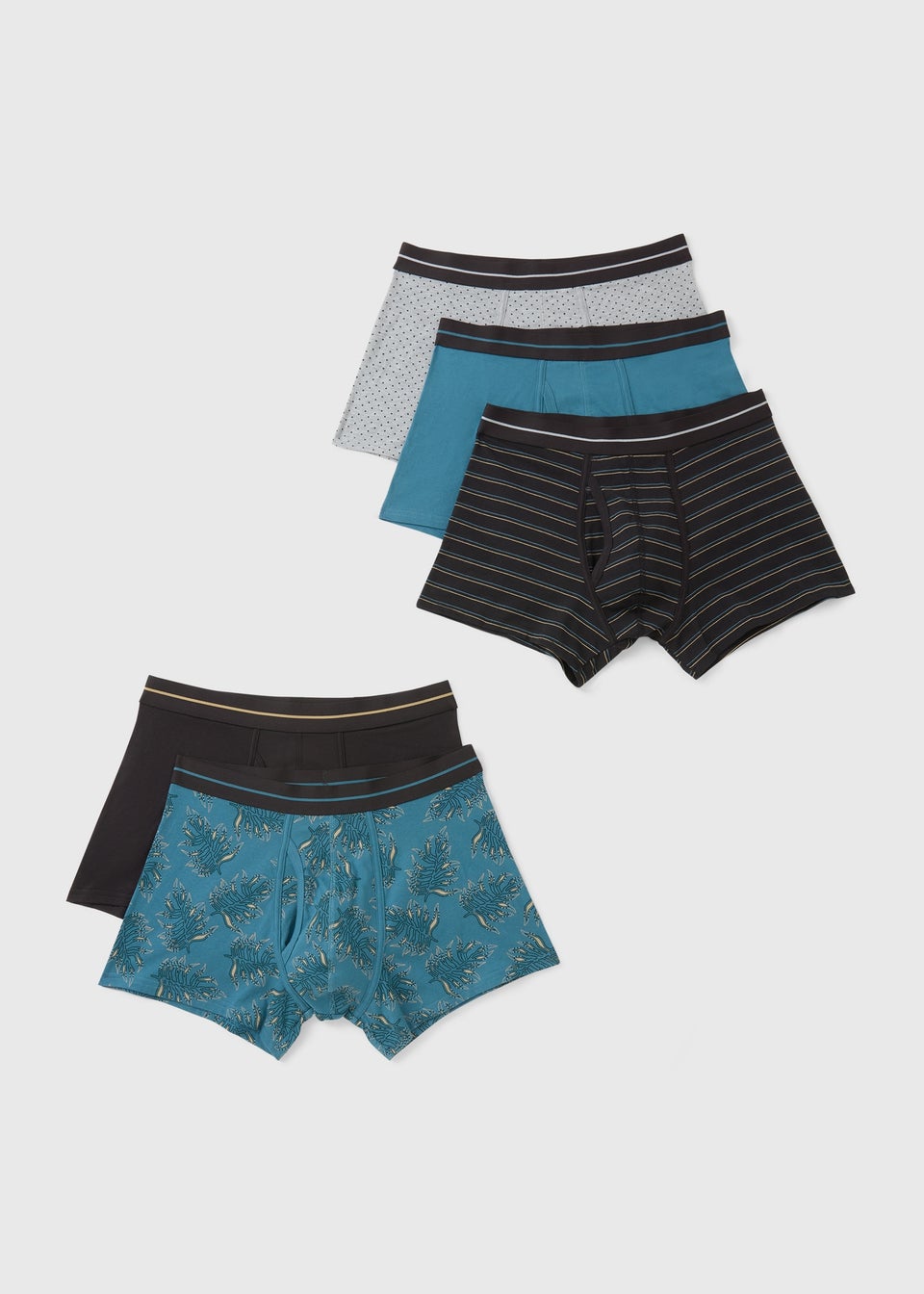 5 Pack Teal Keyhole Leaf Striped Boxers