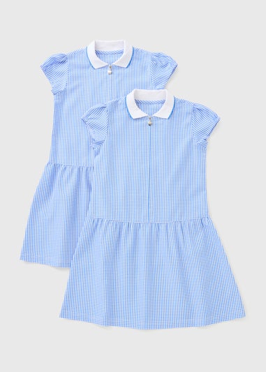 2 Pack Girls Blue Gingham Knit Collar Dress (4-13yrs)