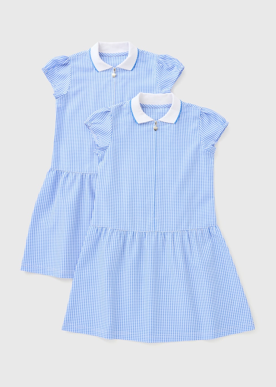2 Pack Girls Blue Gingham Knit Collar Dress (4-13yrs)