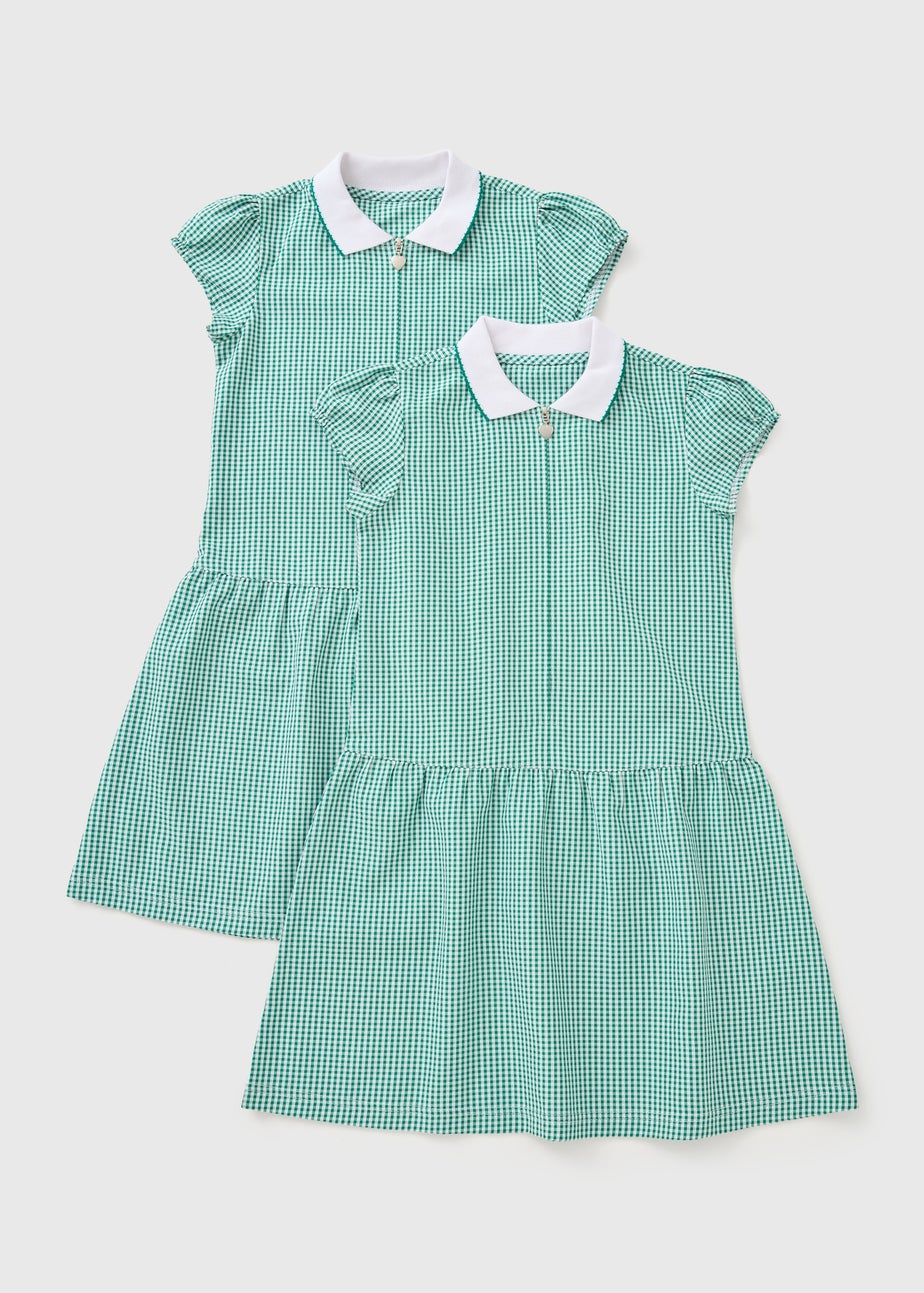 2 Pack Girls Green Gingham Dresses (3-13yrs)