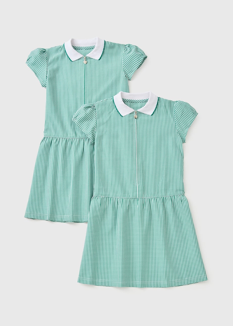 2 Pack Girls Green Gingham Knit Collar Dress (4-13yrs)
