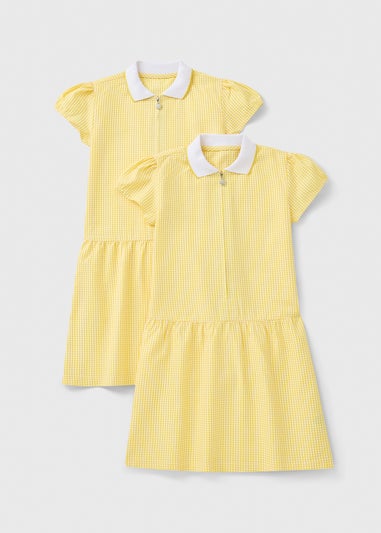 2 Pack Girls Yellow Gingham Knit Collar Dress (4-13yrs)