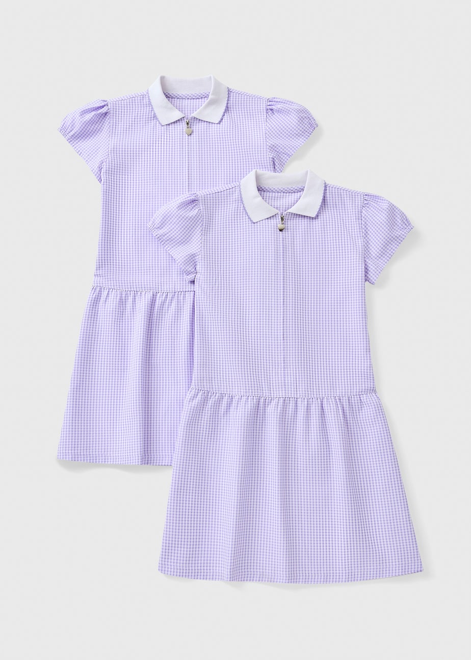 2 Pack Girls Lilac Gingham Knit Collar Dress (4-13yrs)