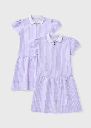 2 Pack Girls Lilac Gingham Knit Collar Dress (4-13yrs)