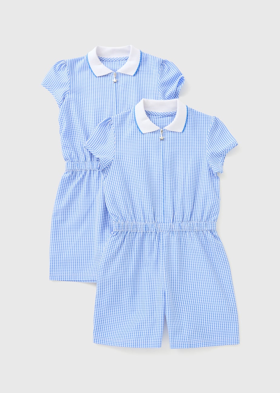 2 Pack Girls Blue Gingham Playsuits (4-13yrs)