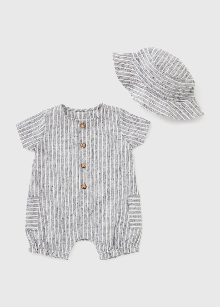 Baby Grey Stripe Romper & Hat Set (Newborn-23mths)