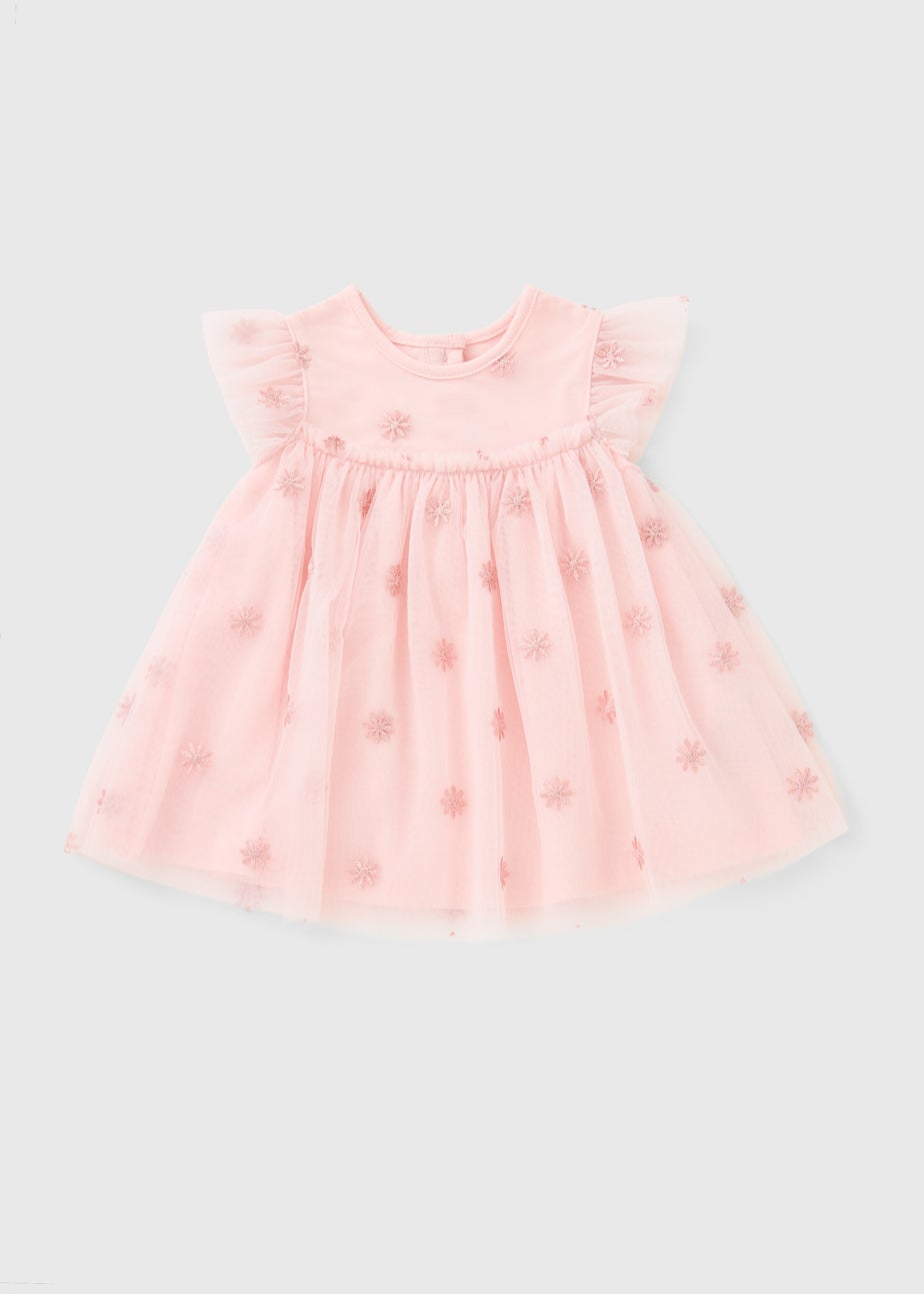 Girls Pink Flower Mesh Dress (Newborn-23mths)