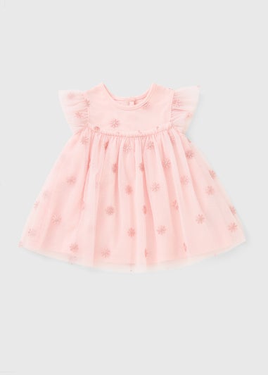 Girls Pink Flower Mesh Dress (Newborn-23mths)