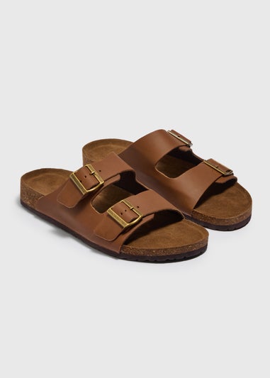 Brown Real Leather Double Buckle Sandals