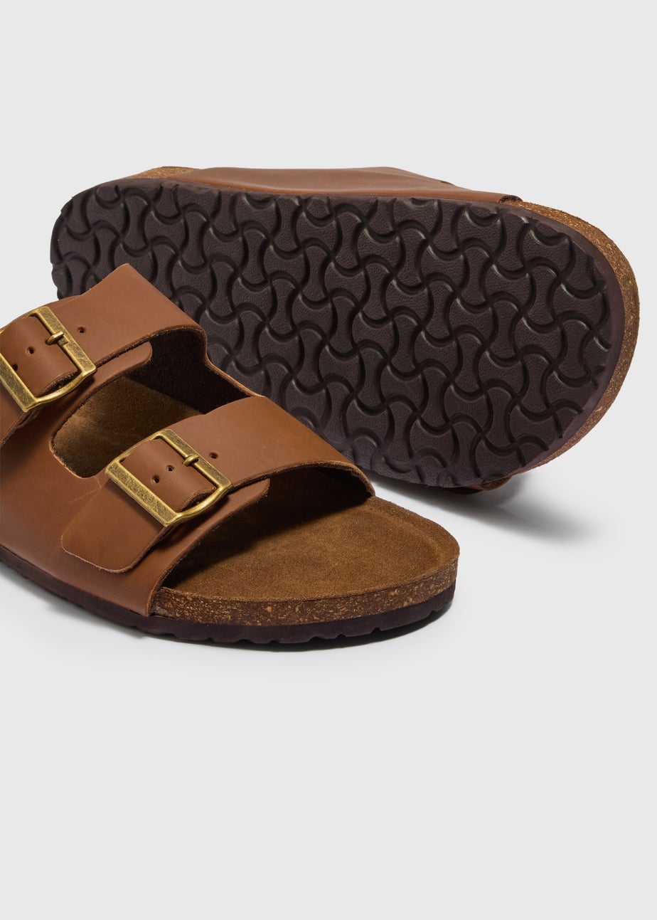 Brown Real Leather Double Buckle Sandals