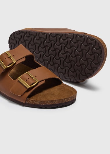 Brown Real Leather Double Buckle Sandals