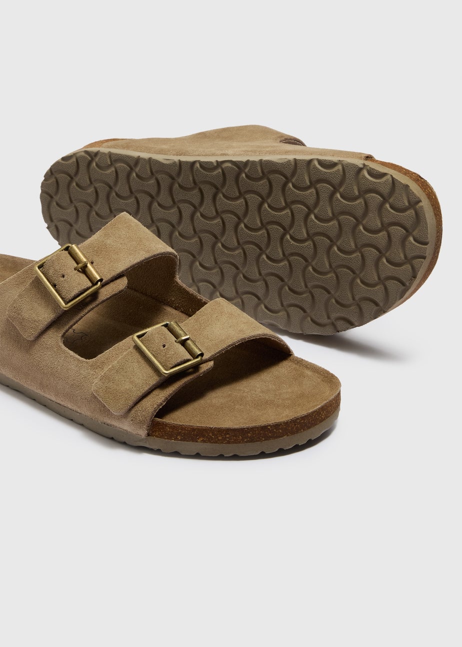 Khaki Real Suede Double Buckle Sandals