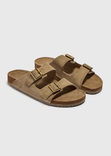 Khaki Real Suede Double Buckle Sandals