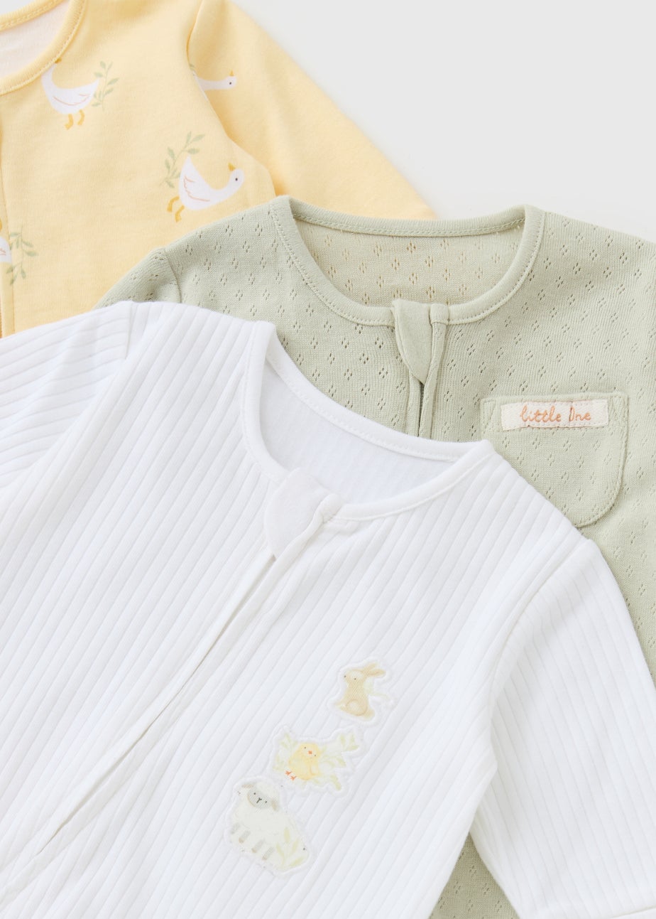 3 Pack Baby Multicolour Spring Animal Sleepsuits (Newborn-12mths)