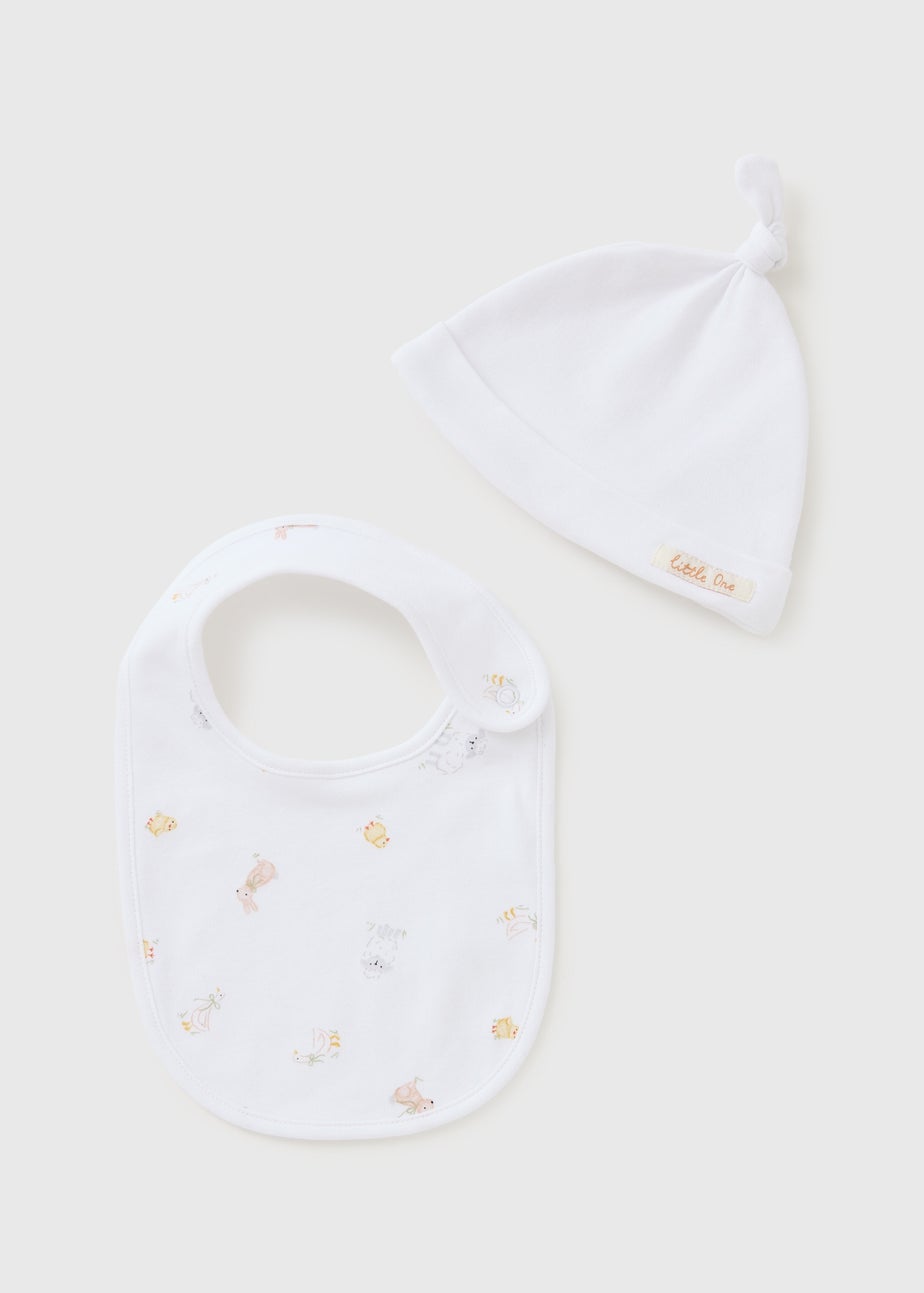 Baby White Spring Animal Bib & Hat Set (Newborn-6mths)