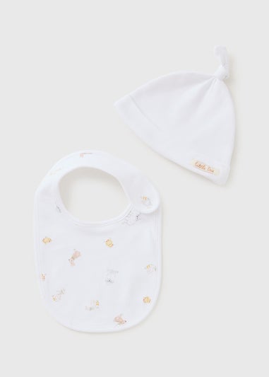 Baby White Spring Animal Bib & Hat Set (Newborn-6mths)