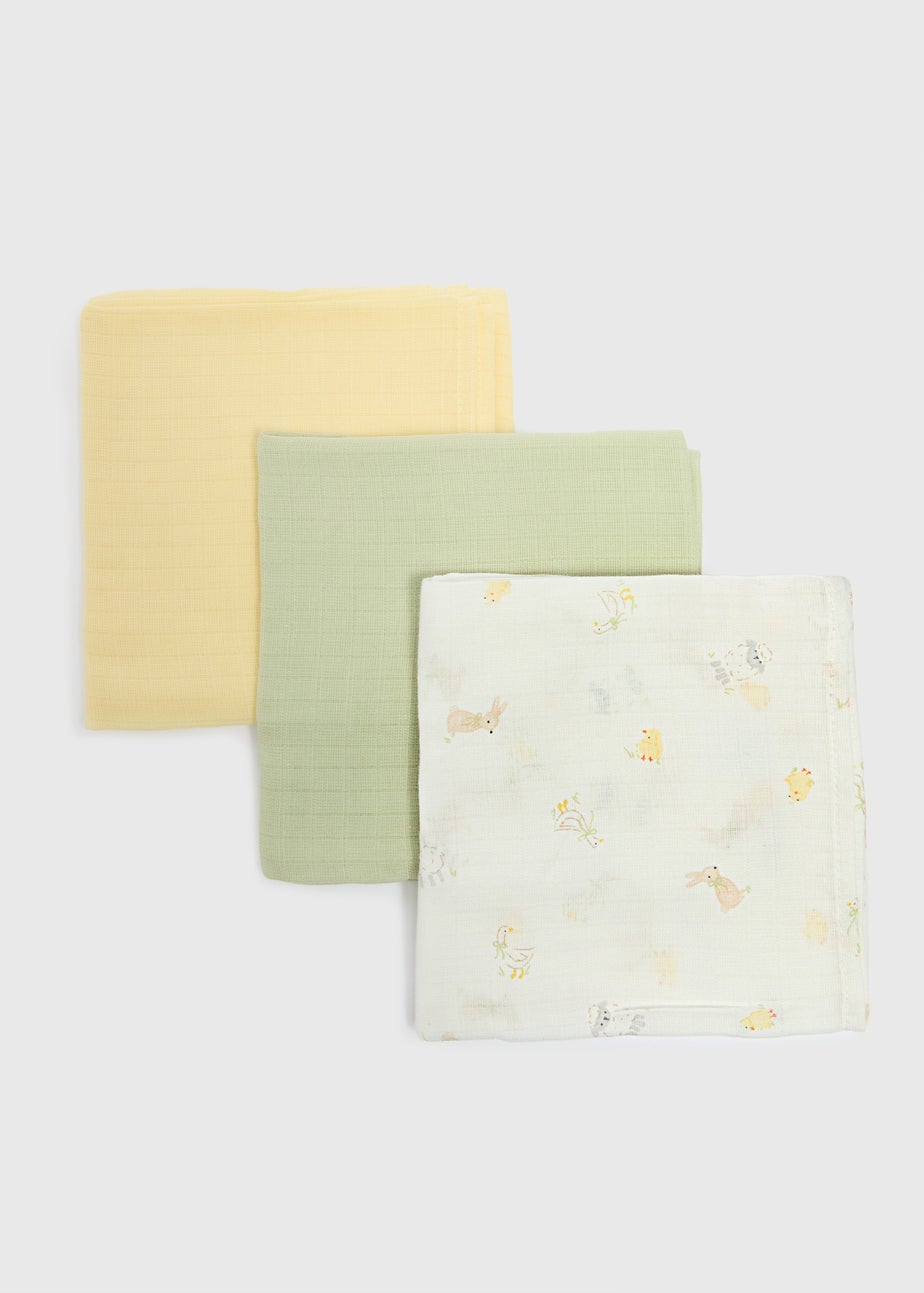 3 Pack Baby Multicolour Spring Animal Muslin Cloths