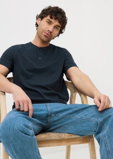 Navy Grandad Collar T-Shirt