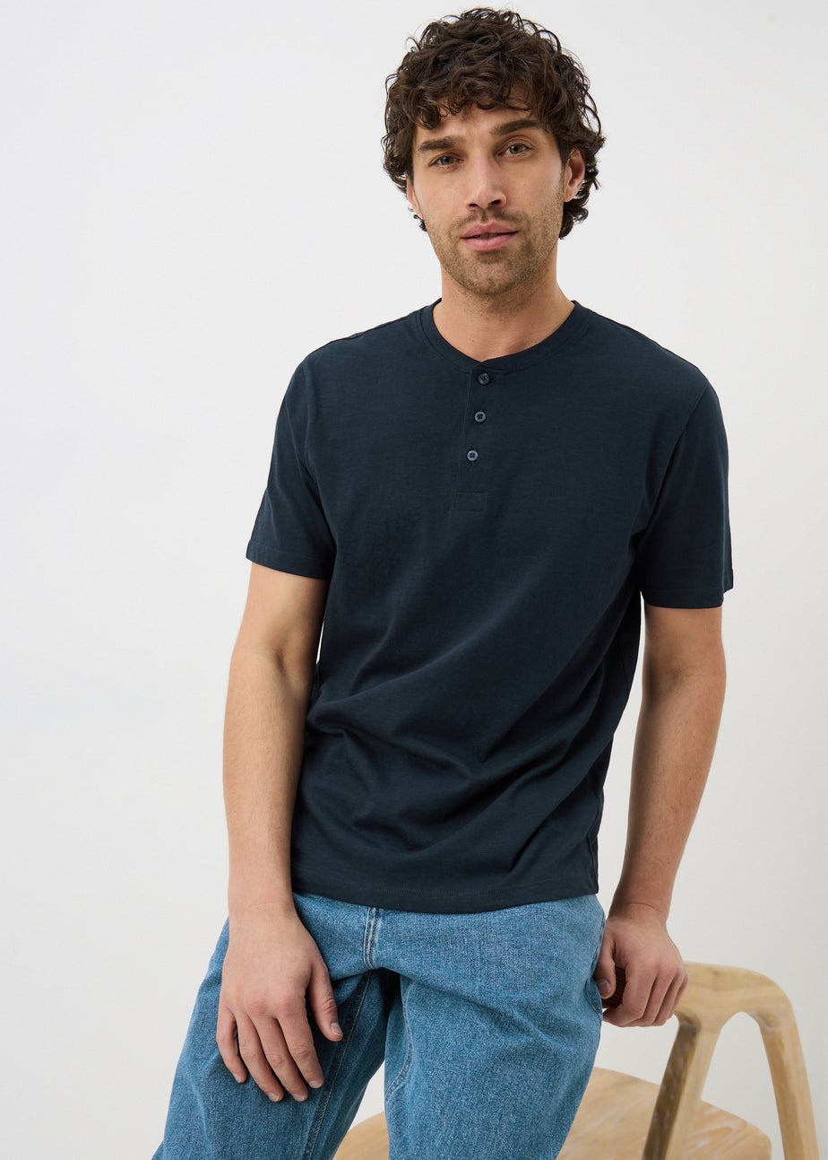 Navy Grandad Collar T-Shirt