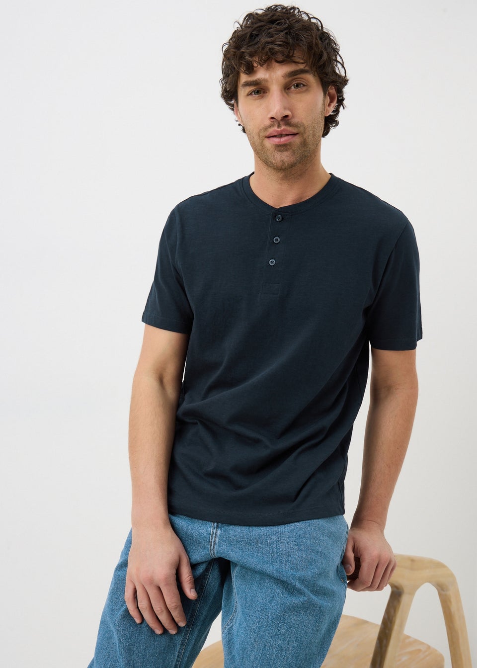 Navy Grandad Collar T-Shirt