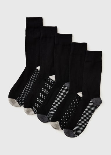 5 Pack Black Footbed Pattern Ankle Socks