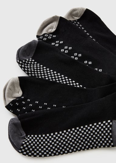 5 Pack Black Footbed Pattern Ankle Socks