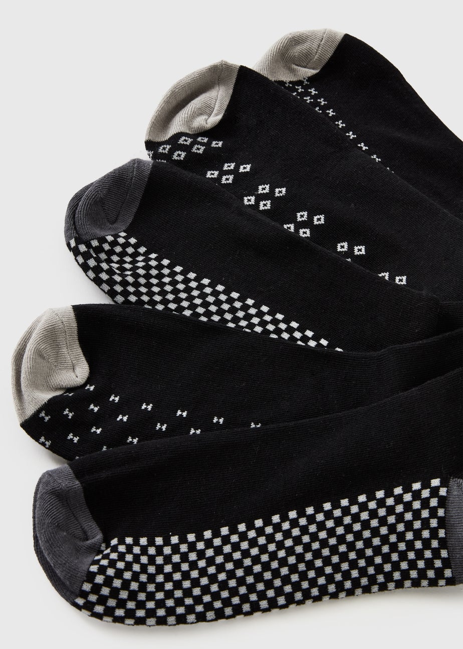 5 Pack Black Footbed Pattern Ankle Socks