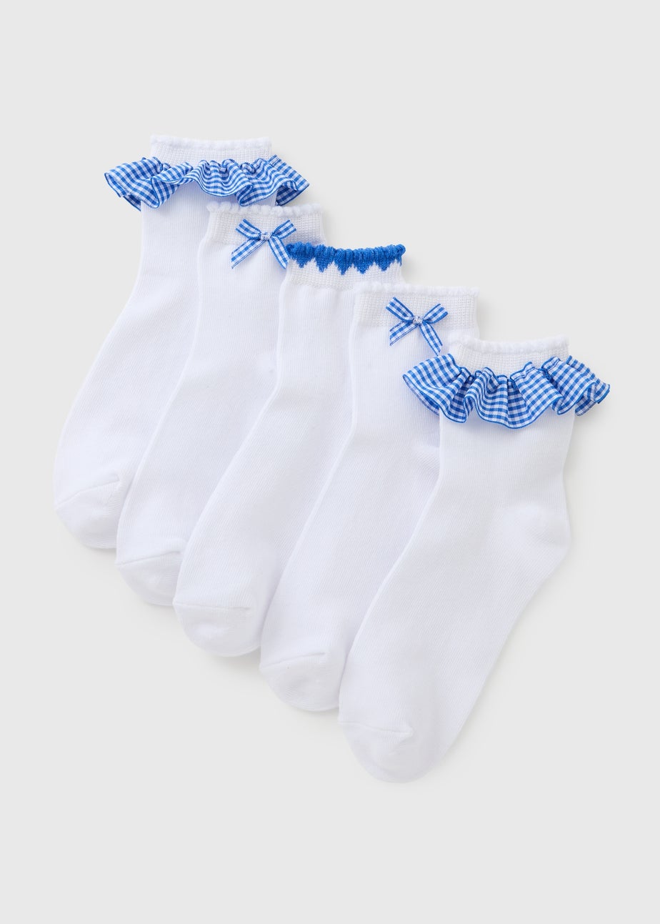 5 Pack Girls Blue Gingham Socks (Younger 6-Older 6.5)