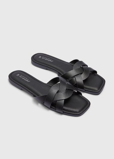 Black Wide Fit Weave Strap Mule Sandals