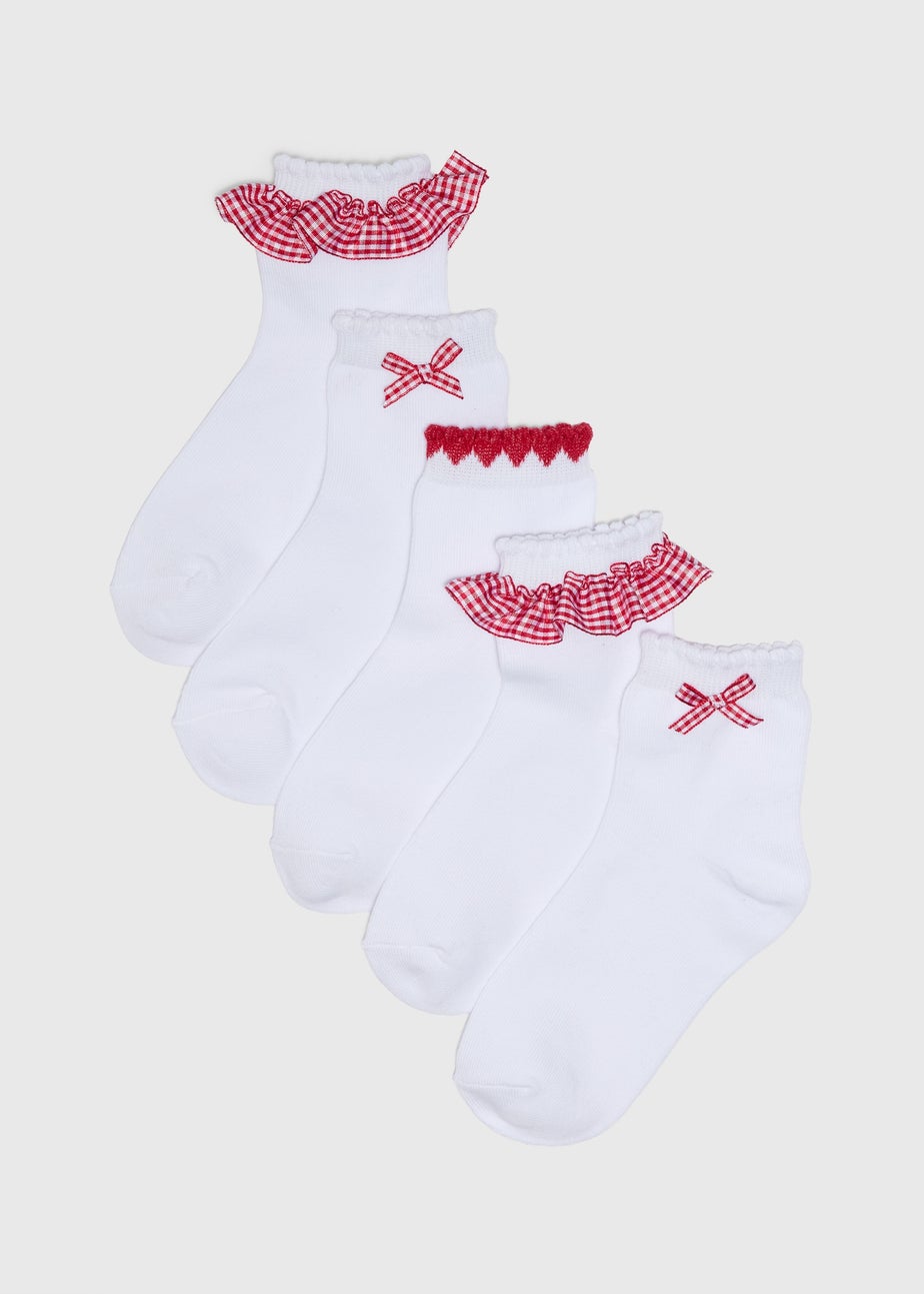 5 Pack Girls Red Gingham Socks (Younger 6-Older 6.5)