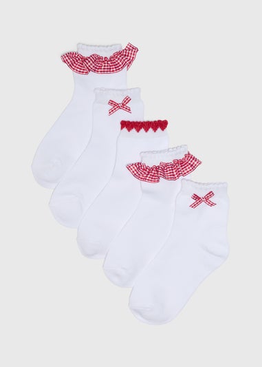 5 Pack Girls Red Gingham Socks (Younger 6-Older 6.5)