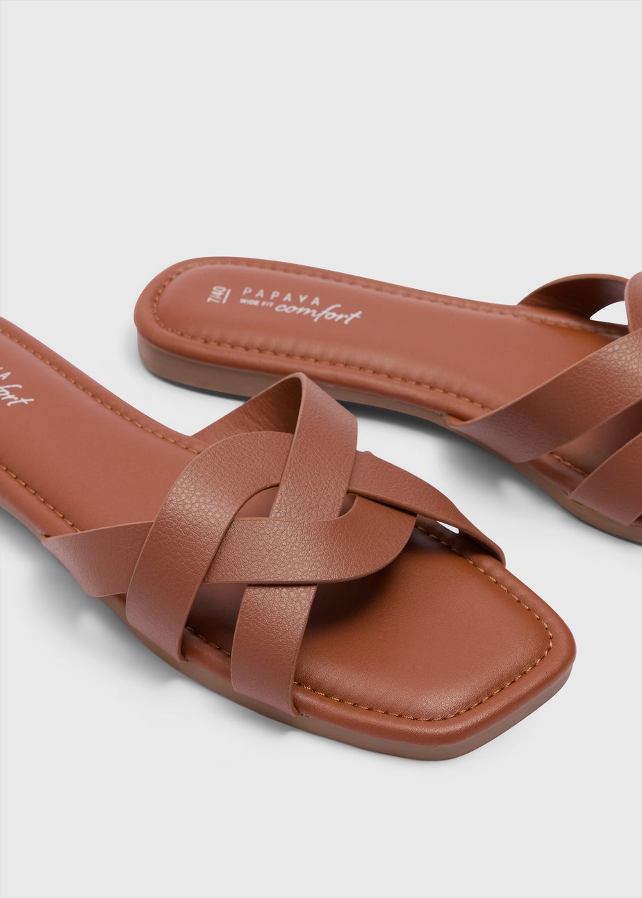 Tan Wide Fit Weave Strap Mule Sandals