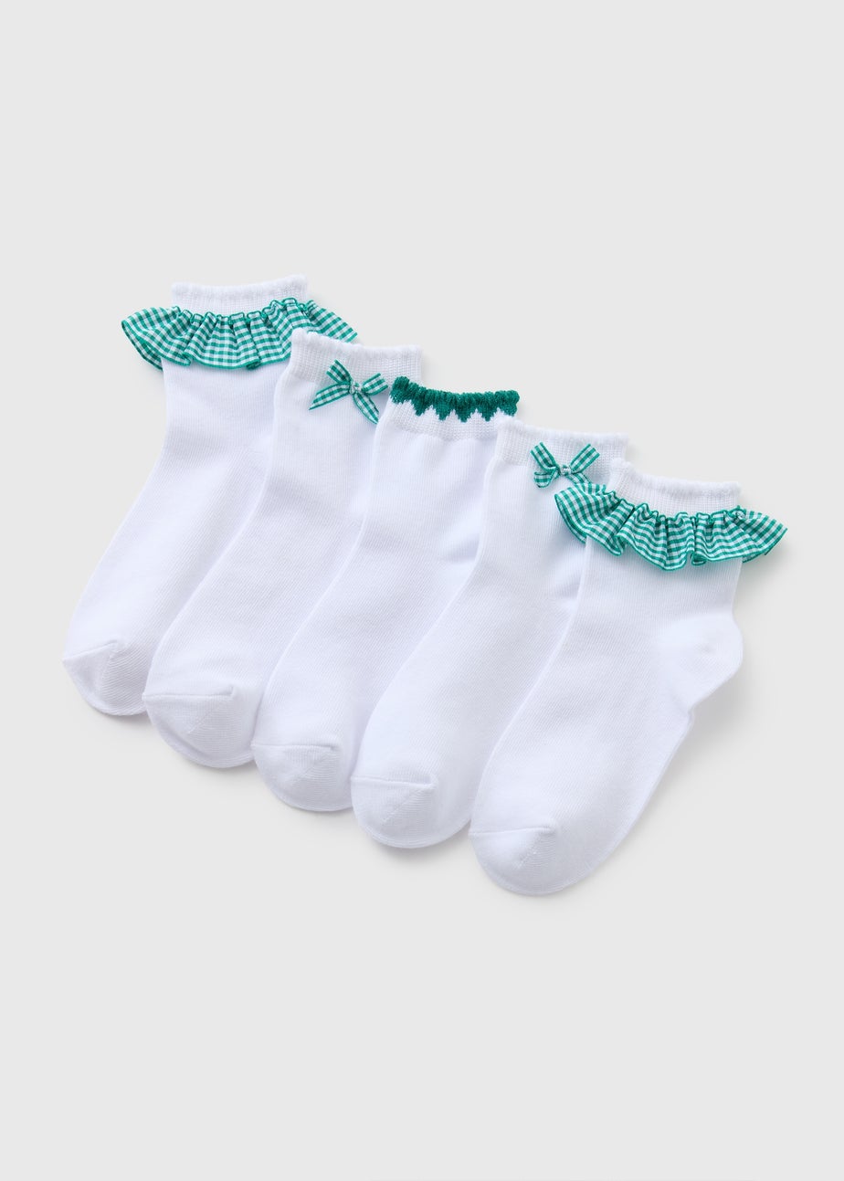5 Pack Girls Green Gingham Socks (Younger 6-Older 6.5)