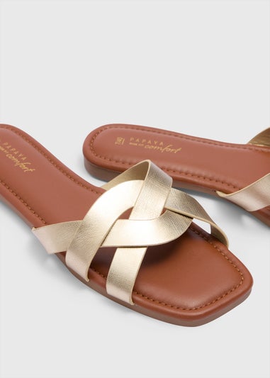 Gold Wide Fit Weave Strap Mule Sandals