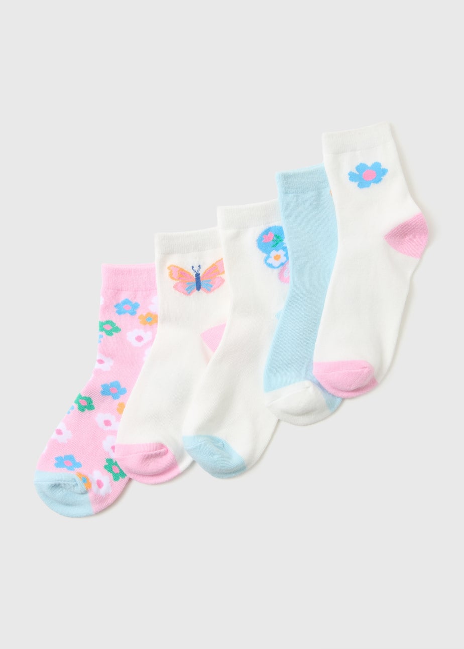 5 Pack Girls White Butterfly Flower Ankle Socks (Younger 6-Older 6.5)