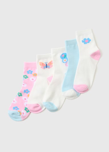 5 Pack Girls White Butterfly Flower Ankle Socks (Younger 6-Older 6.5)