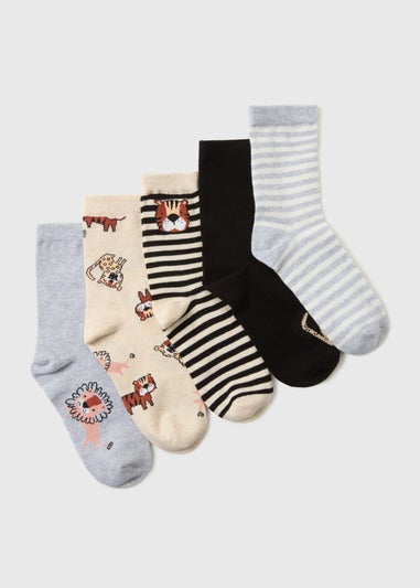 5 Pack Boys Grey Jungle Socks (Younger 6/8.5- Older 4/6.5)
