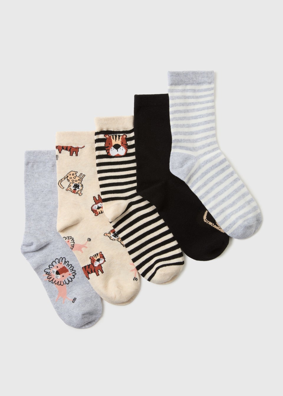 5 Pack Boys Grey Jungle Socks (Younger 6/8.5- Older 4/6.5)