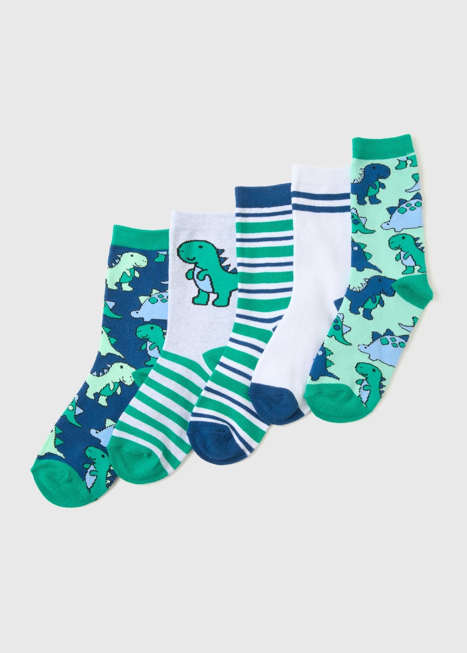 5 Pack Boys Blue Dino Socks (Younger 6/8.5- Older 4/6.5)