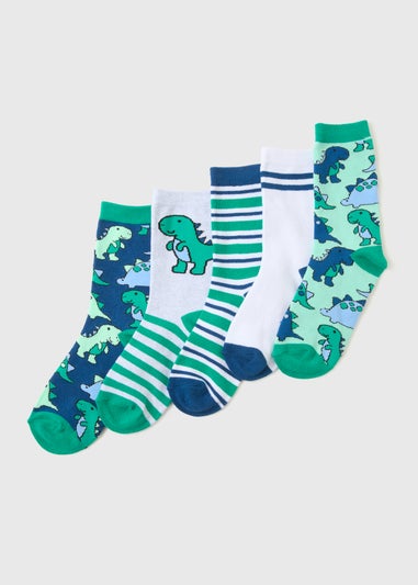 5 Pack Boys Blue Dino Socks (Younger 6/8.5- Older 4/6.5)