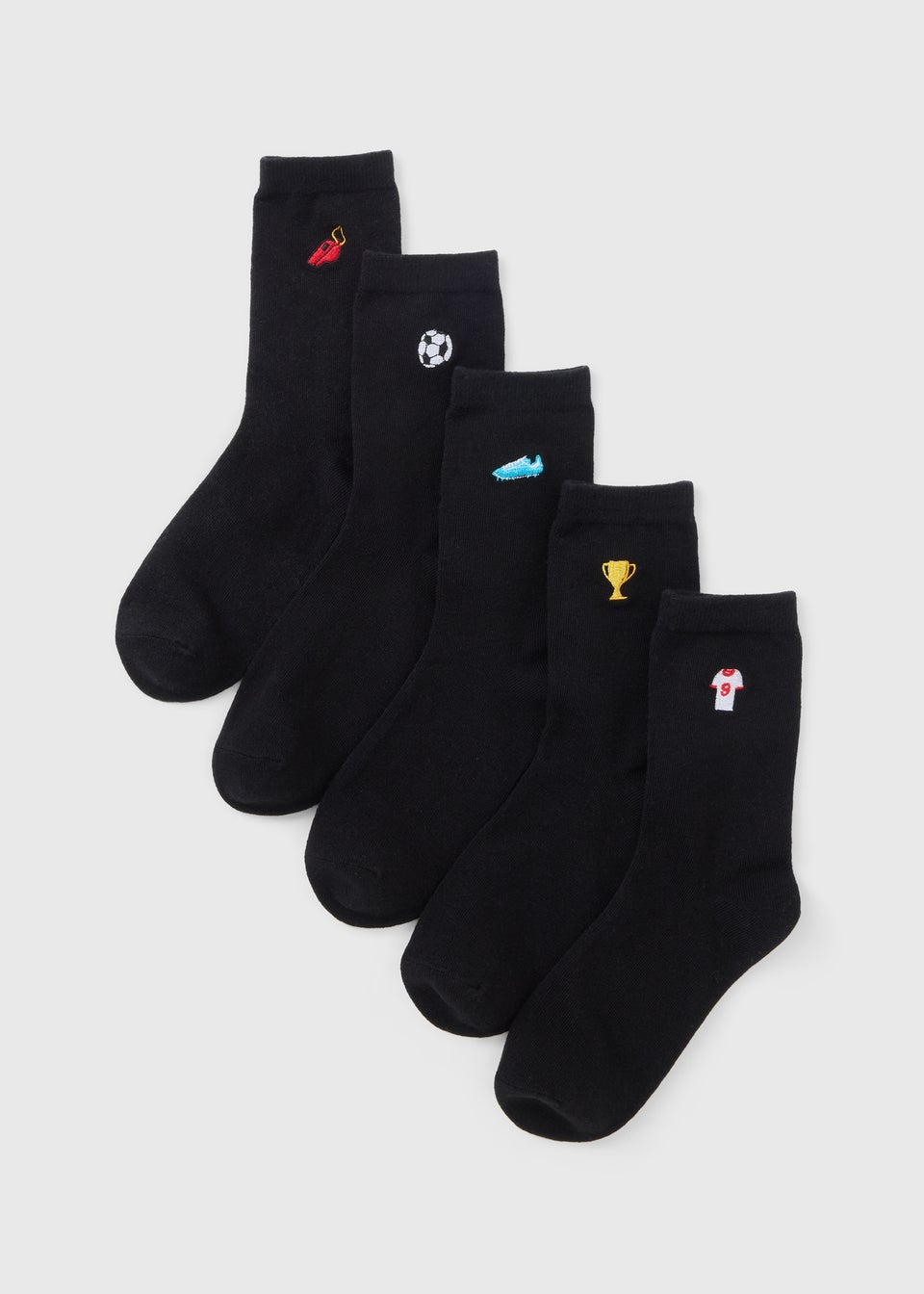 5 Pack Boys Black Football Embrodied Socks