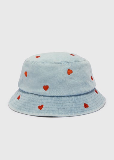 Girls Light Wash Heart Denim Bucket Hat (3-10yrs)