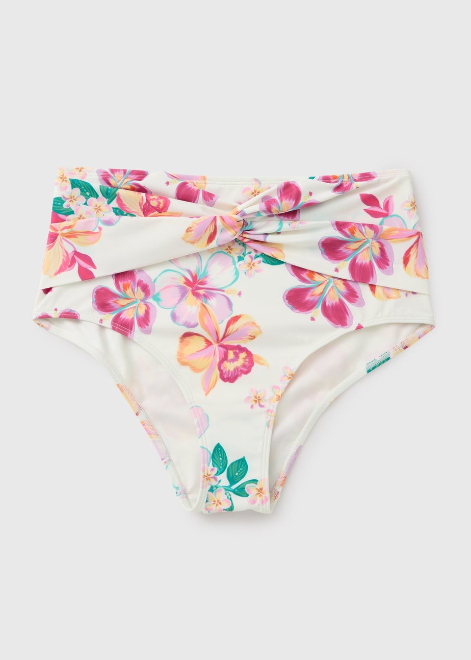 White Tropical Floral Shapewear High Waisted Bikini Bottoms